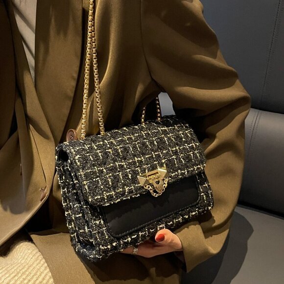 Black Elegant Women's Plaid Thick Small Square Bag Shoulder Bag - Picture 2 of 8